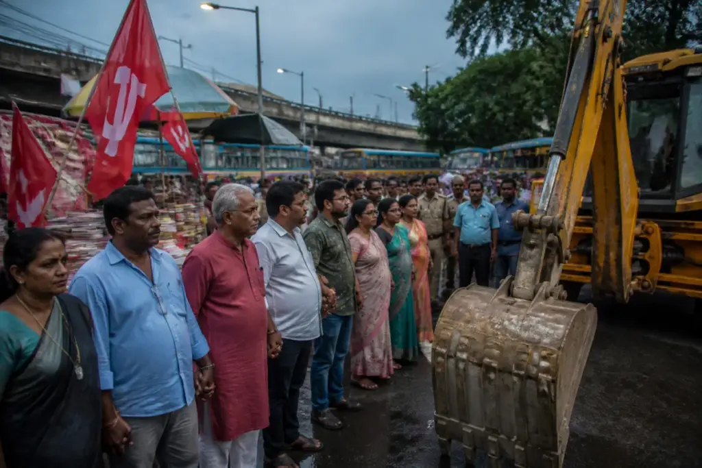 CPM supporters form a human chain around the Jadavpur book stall near the 8B bus stand.