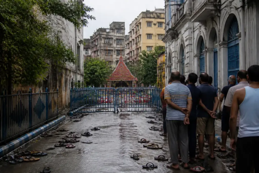 Barricaded Chorbagan pandal area after the Kolkata stampede