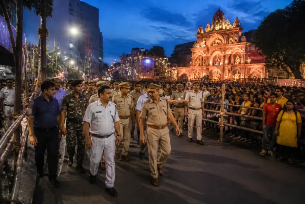 Kolkata Durga Puja safety inspection at a crowded city pandal