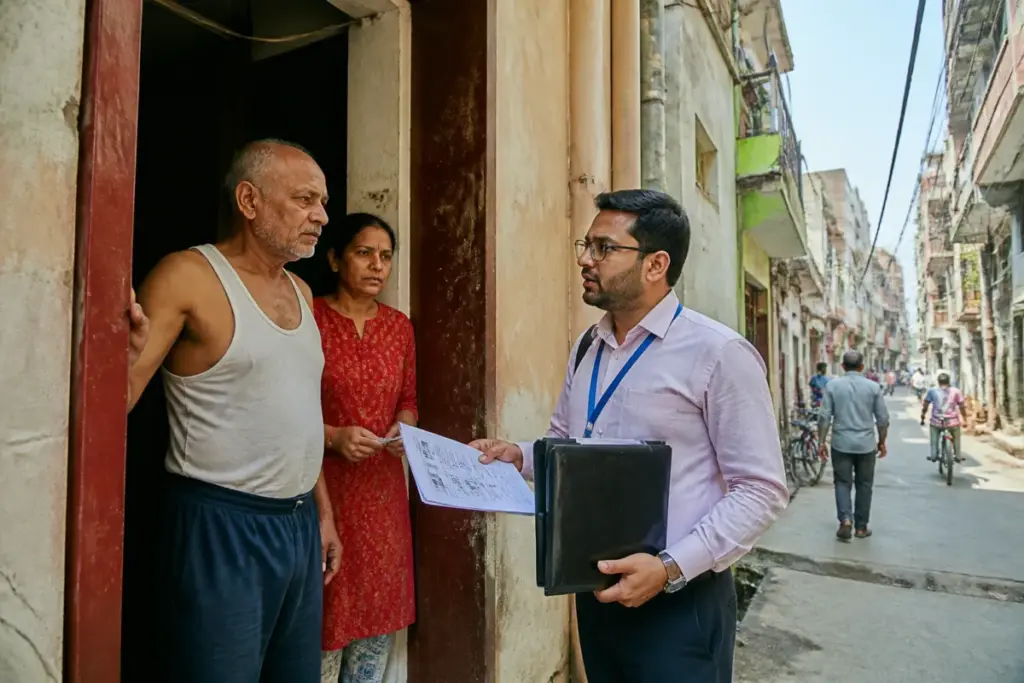 Delhi SIR voter enrolment officials conducting a household verification visit