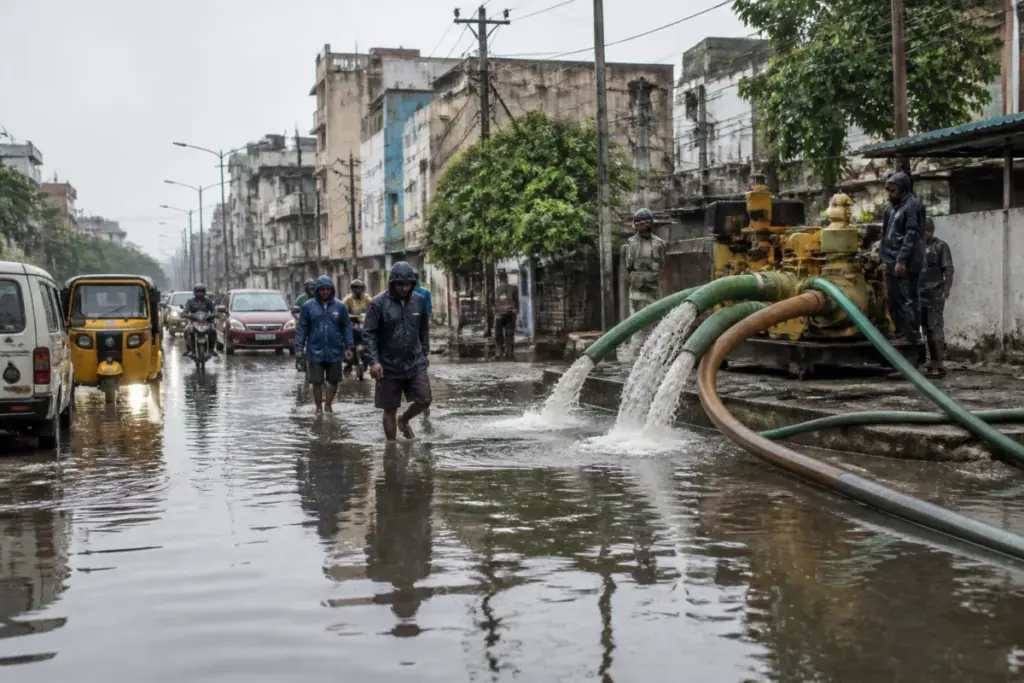Chennai heavy rain leaves a waterlogged street near Broadway and Mannadi.