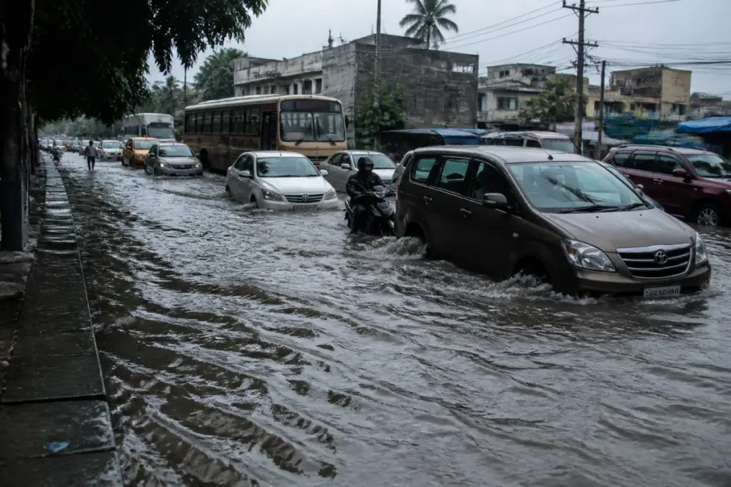Chennai rainfall leaves a flooded city road with vehicles moving through water