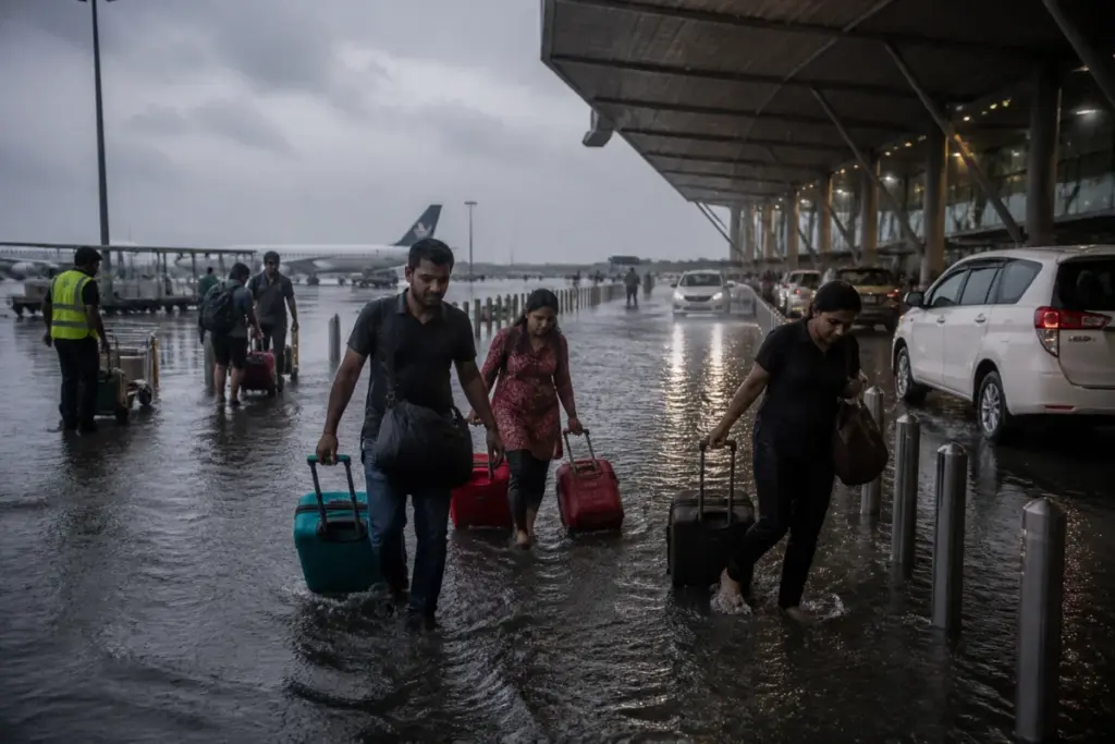 Chennai airport rain disruption with passengers navigating waterlogged access areas
