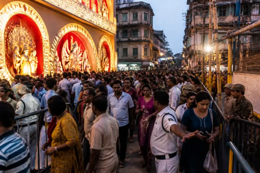 Kolkata puja stampede scene near a crowded Durga Puja pandal