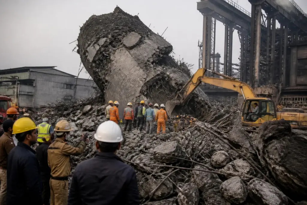 Rescue workers at the site of the Jamuria factory accident after a chimney collapsed.