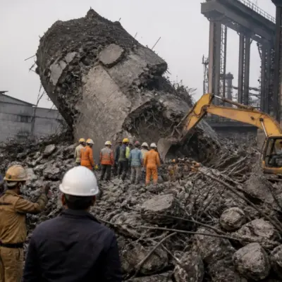 Rescue workers at the site of the Jamuria factory accident after a chimney collapsed.