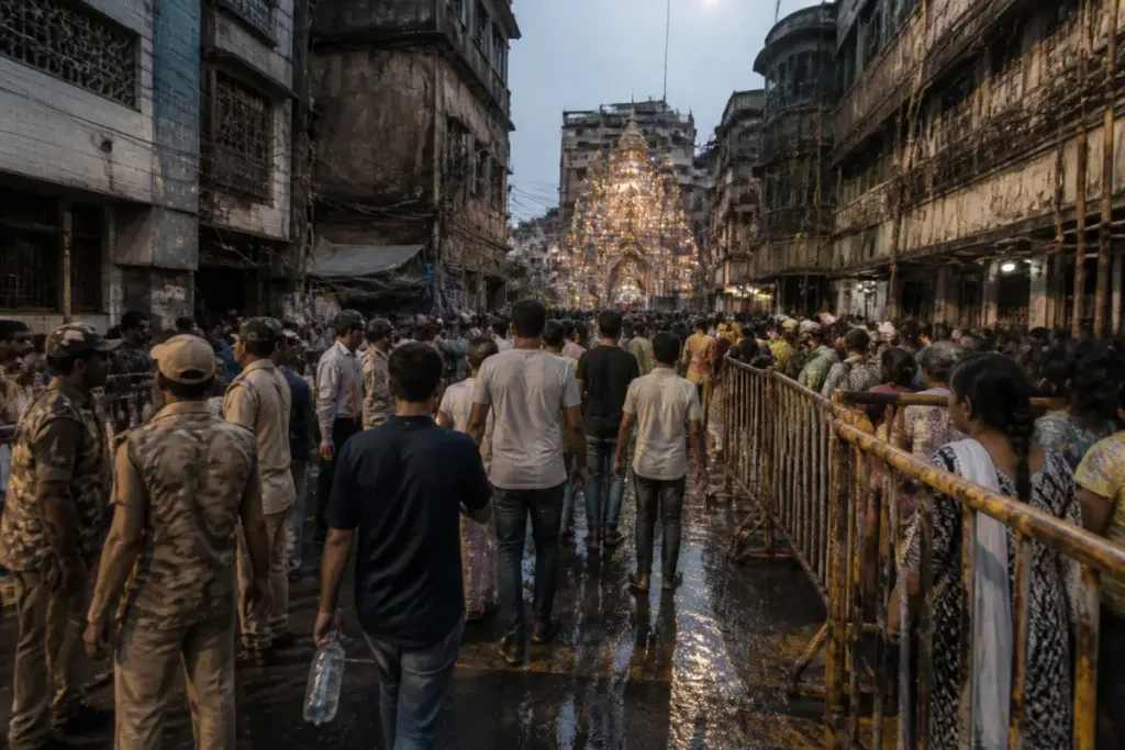 Kolkata pandal stampede site near narrow festival lanes and crowded access routes