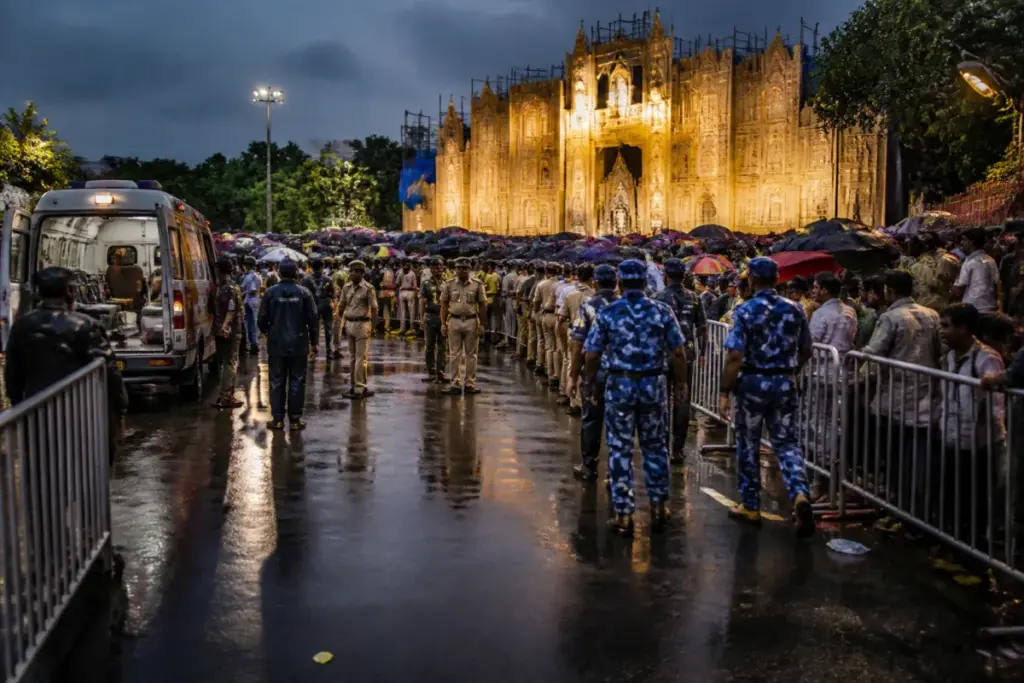 Kolkata stampede site near a crowded Durga Puja pandal after heavy rain