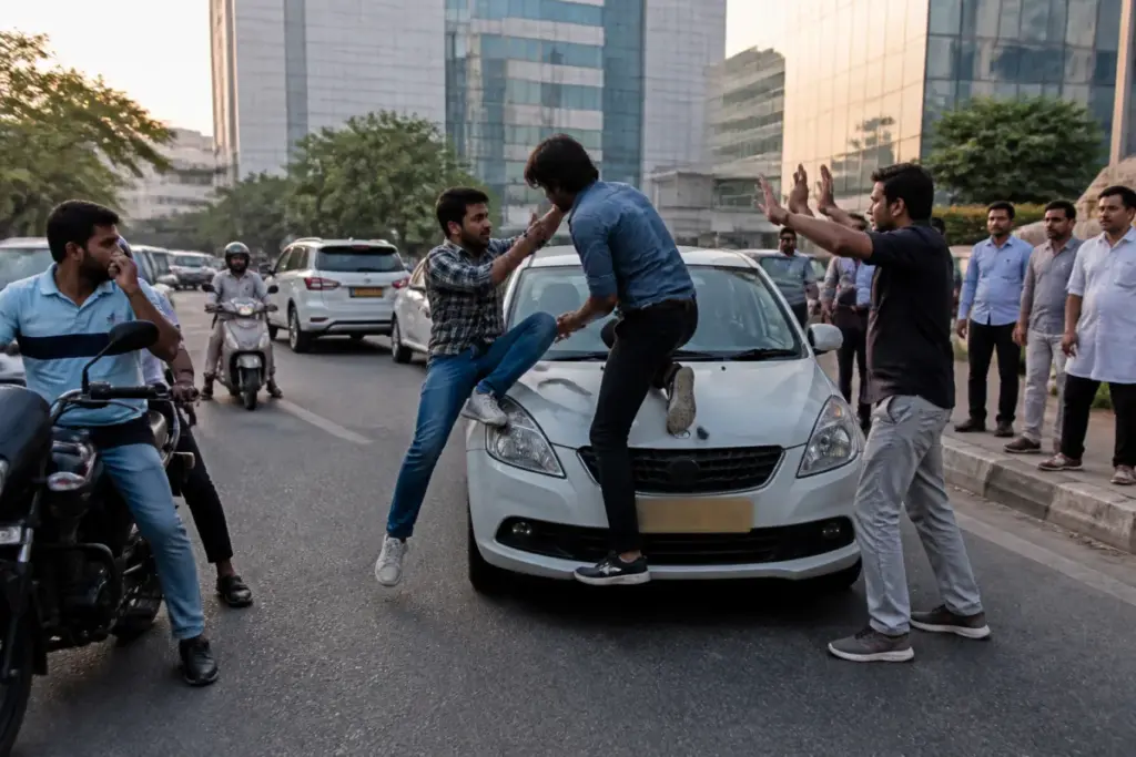 Noida road rage scene showing a car with people on its bonnet on a city street