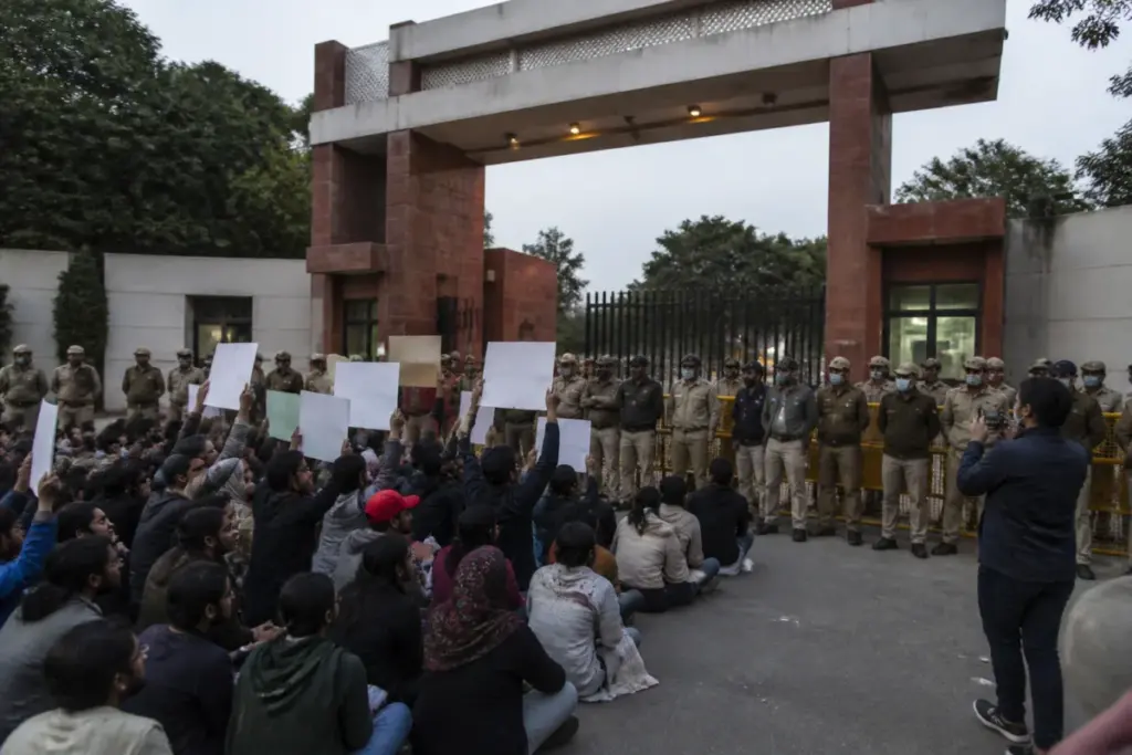 Jamia student protest near a university gate in New Delhi