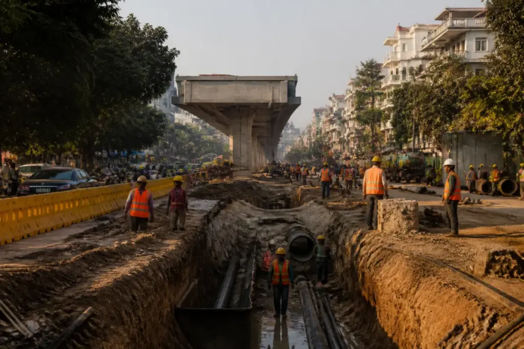 South Delhi development works showing an urban road and civic infrastructure under construction