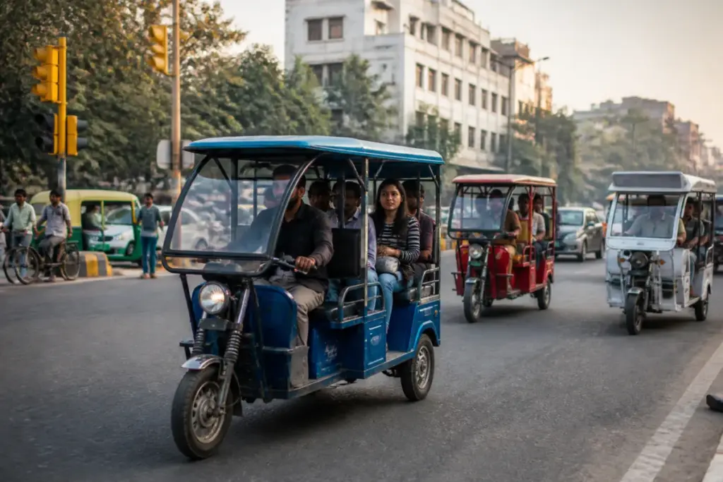 Delhi e-rickshaw policy covering vehicles operating on a busy city road