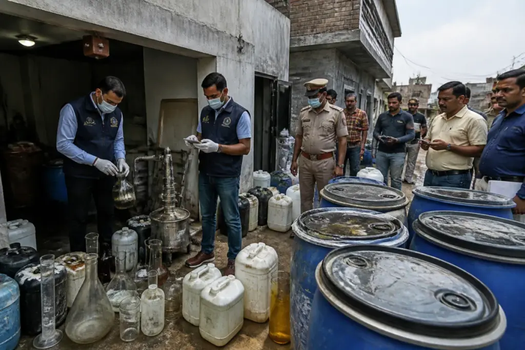 Greater Noida drug lab raid site with NCB officers and seized chemical containers