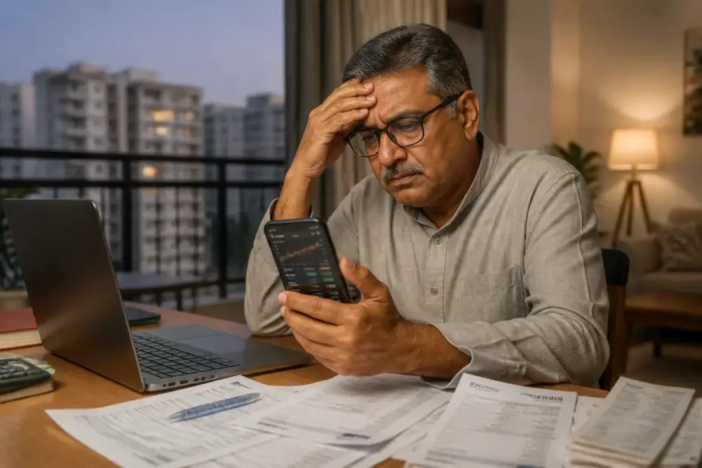 Pune online share trading fraud represented by a phone showing a fake trading app beside bank transaction records.