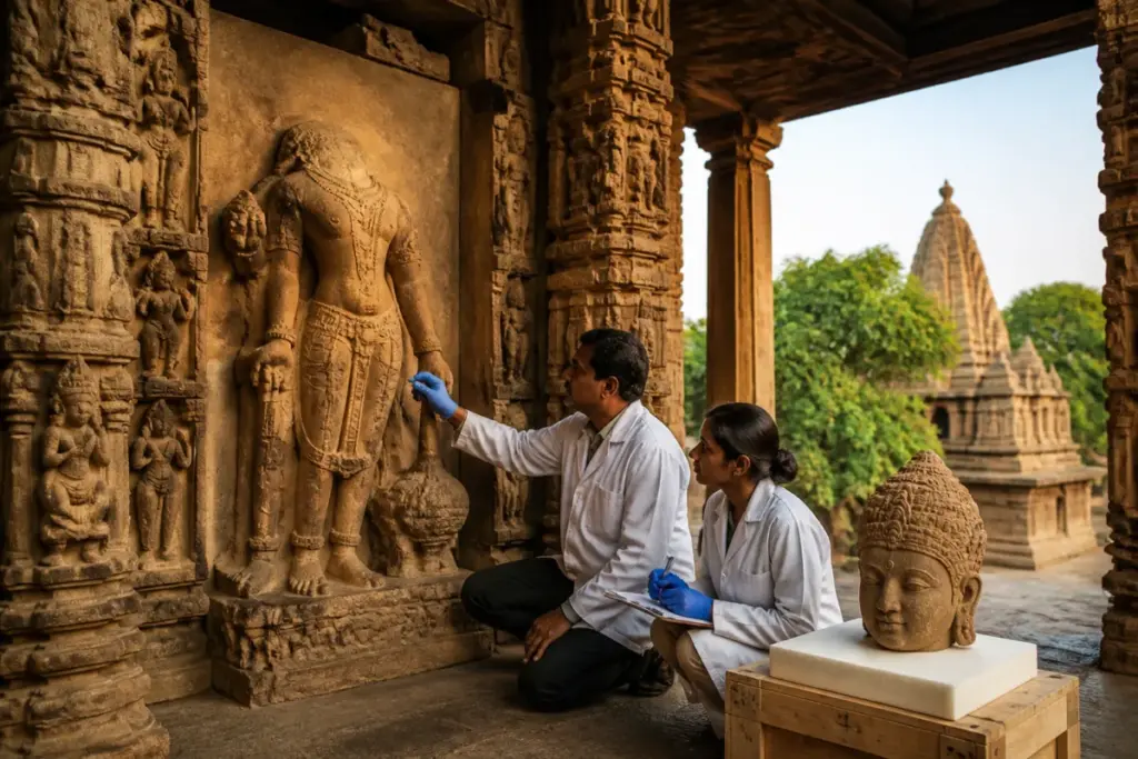 Khajuraho Vishnu idol at Javari Temple awaiting restoration of its missing sandstone head