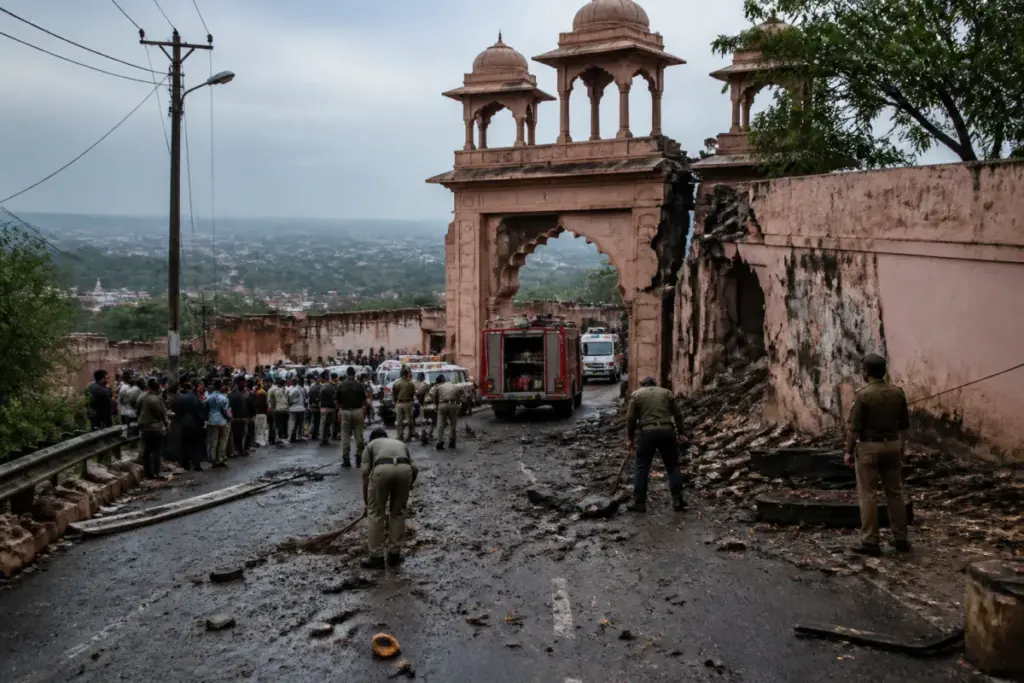 Gwalior truck crash site near Sheetla Mata Temple with damaged gate and emergency response vehicles