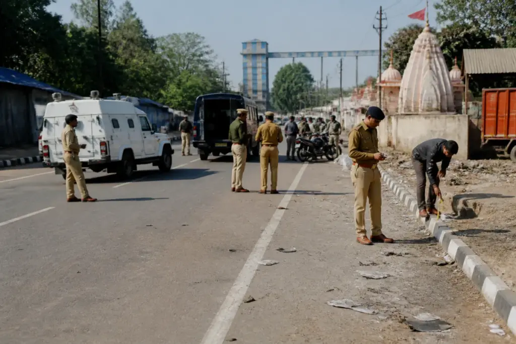 Police investigation near the site of a Bokaro ATM cash robbery