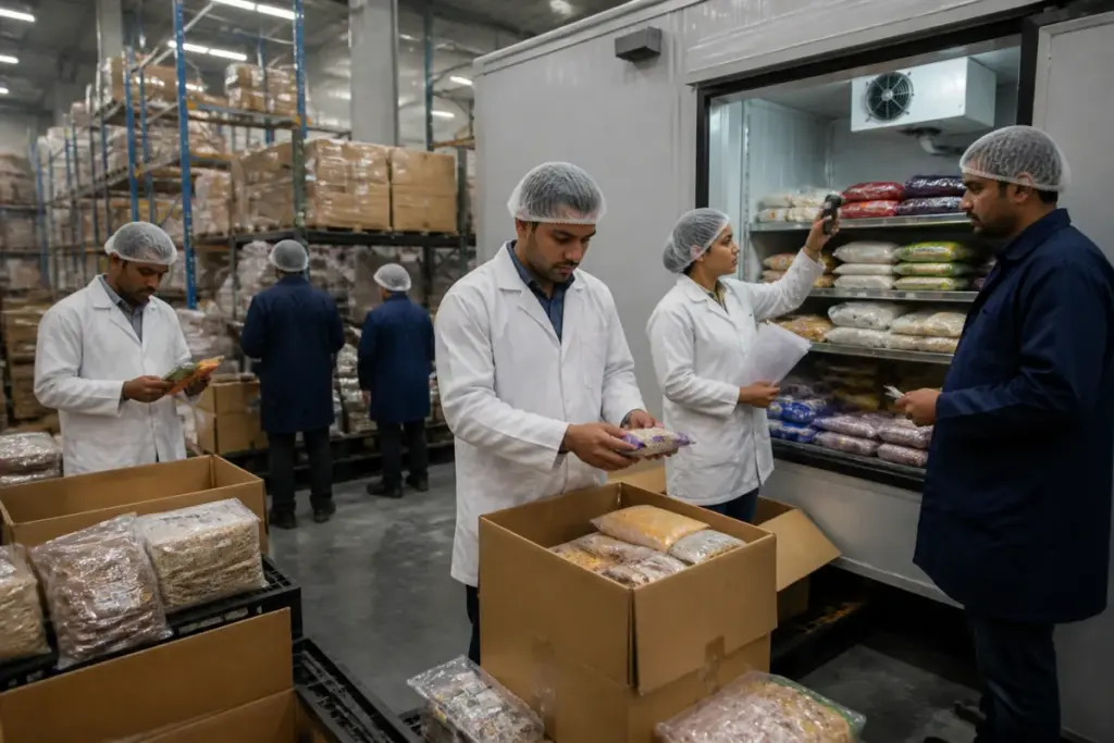 Pune FDA action at a food warehouse with stacked grocery products and inspection activity