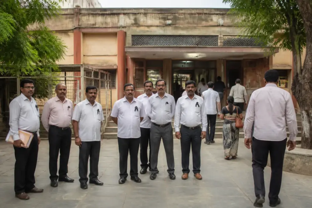 Sangola court staff protest by employees wearing black ribbons at a taluka court