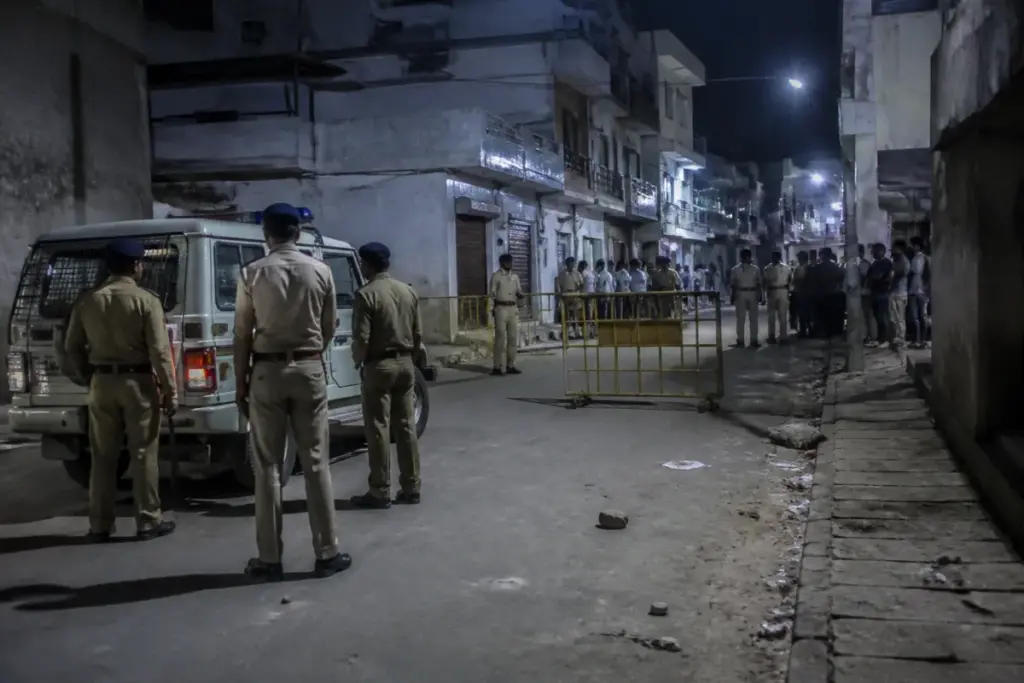 Police deployment in Amdupura after an Ahmedabad stone-pelting clash injured one person
