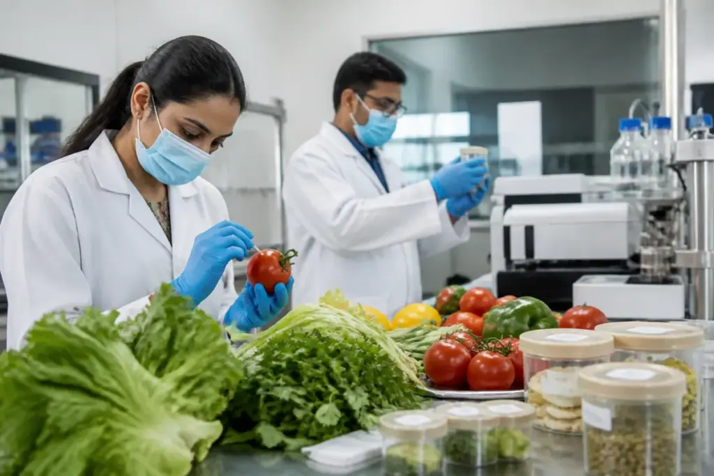Pesticide residues in vegetables being examined in a food-safety laboratory