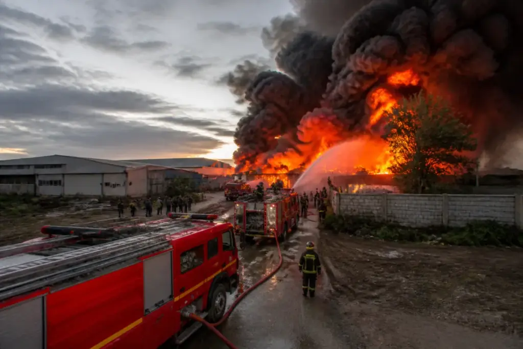 Firefighters battling the Santej factory fire near Kalol amid thick black smoke