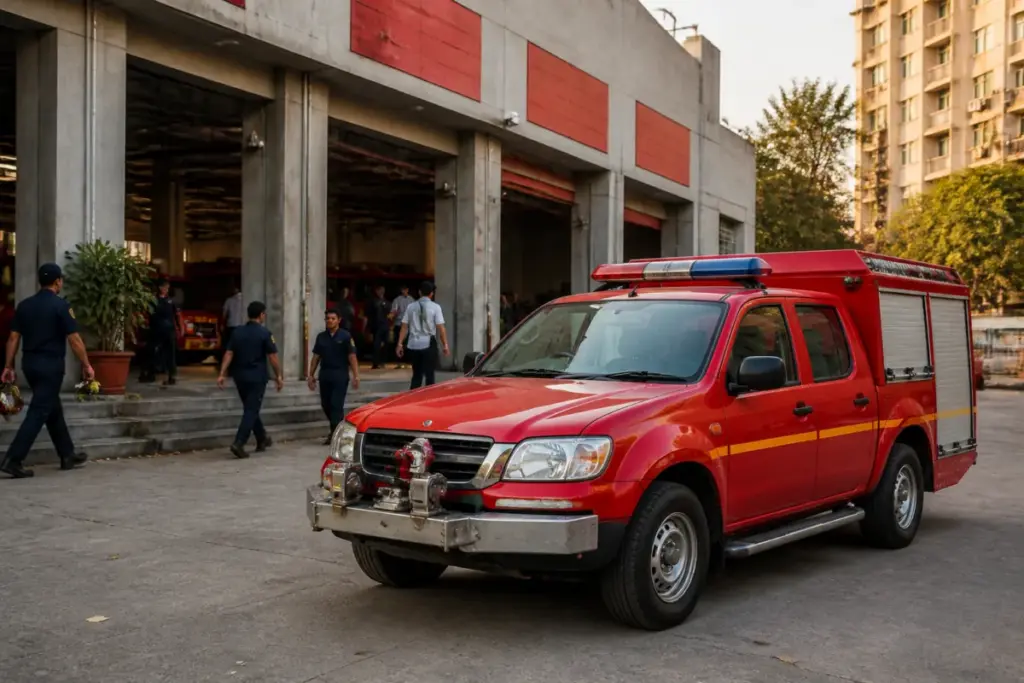 Ahmedabad Fire Brigade vehicle outside a municipal fire station