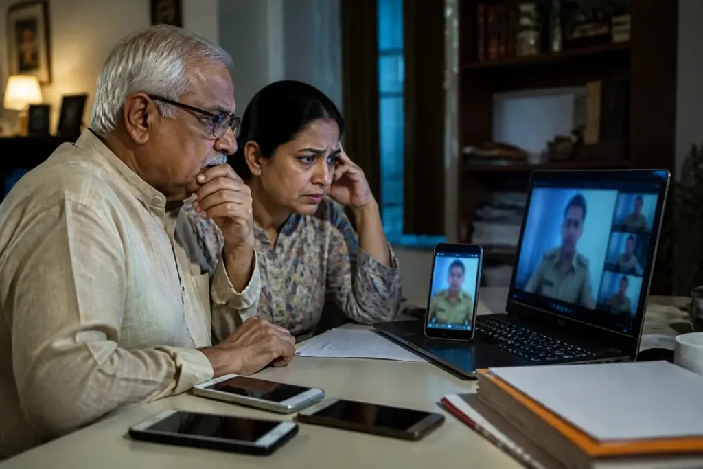 Digital arrest scam illustration showing a senior citizen facing a threatening video call