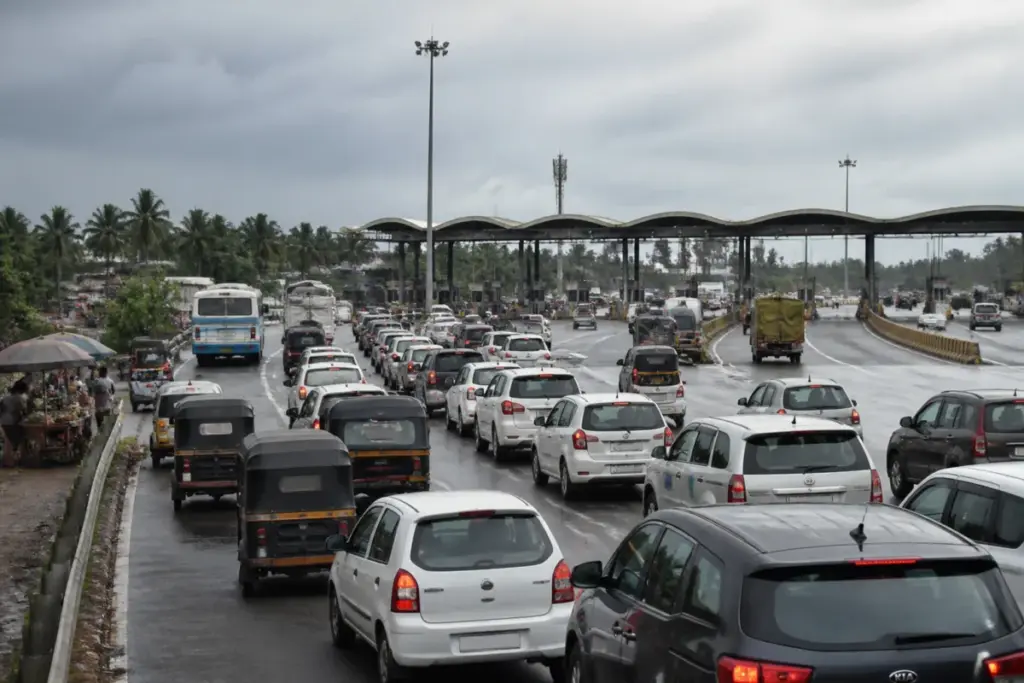 Traffic queue at Kumbalam toll plaza near Kochi with vehicles approaching narrow toll lanes