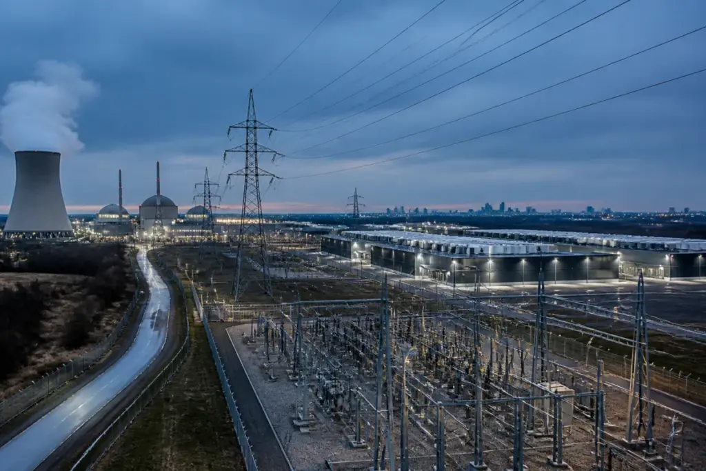 Russia US data centre deal concept with a nuclear power plant and server facility