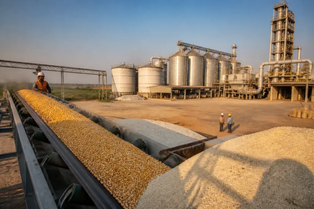 Ethanol blending facility with grain feedstock and fuel storage tanks in India