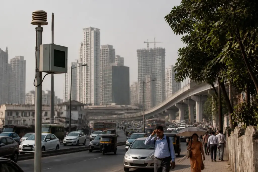 Mumbai weather with hot, hazy conditions over the city skyline