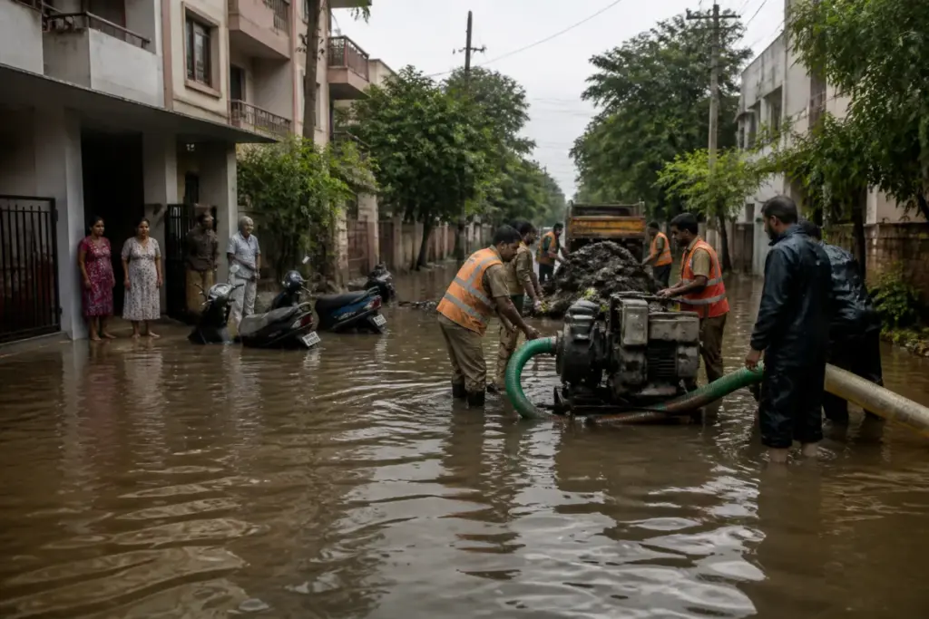 Chennai floods leave a waterlogged urban road near homes and stormwater drains.