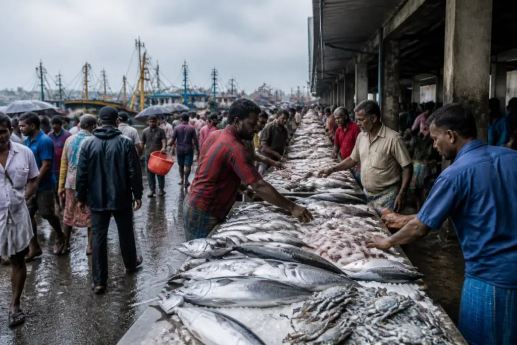 Chennai fish market traders display fresh catch at Kasimedu during the northeast monsoon.