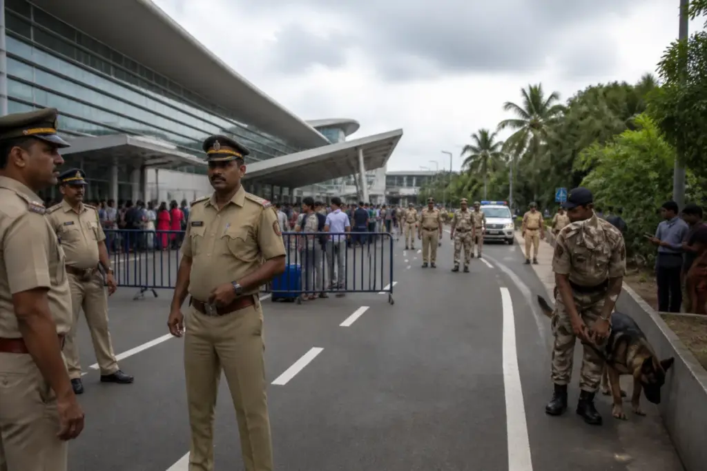 Police security outside a Kerala airport after alleged AI hoax bomb threats