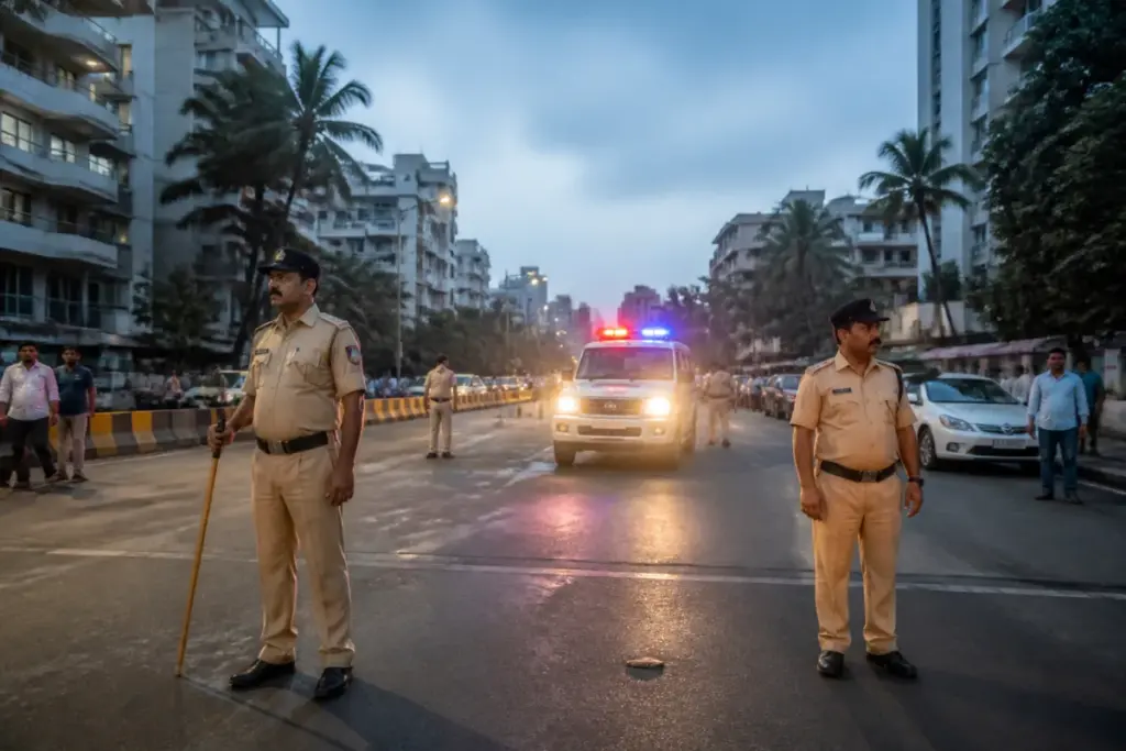 Mumbai Police vehicles near a Juhu scene after the reported Tiger Shroff firing