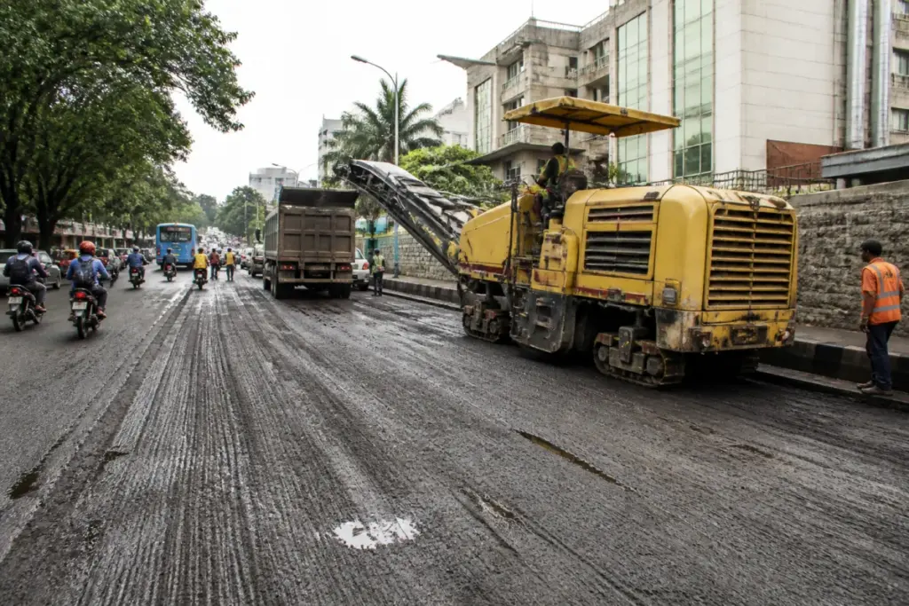 Marigowda Road resurfacing work underway on a damaged Bengaluru road near NIMHANS