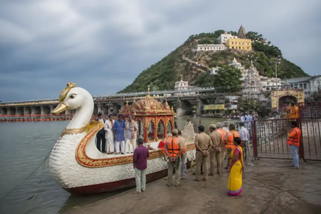 Vijayawada Dasara festivities preparations at Durga Ghat with a swan-shaped float