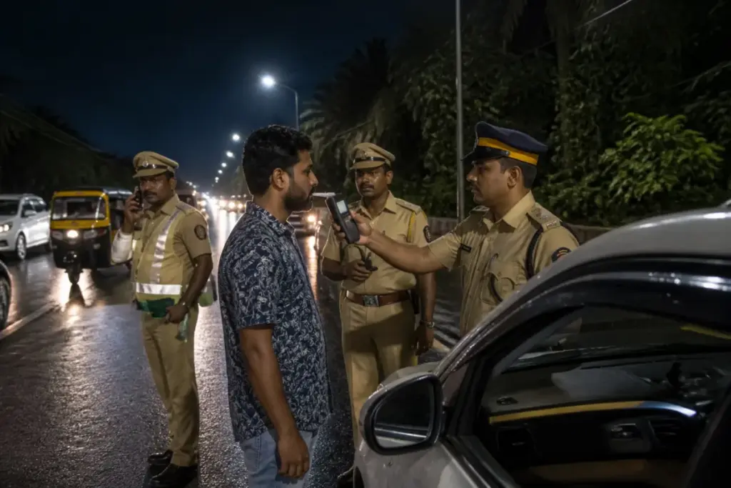 Kerala drunk driving crackdown with police conducting a roadside breathalyser check