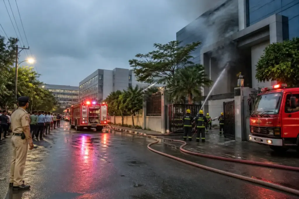 Firefighters responding to a Madhapur fire at a Hyderabad manufacturing facility