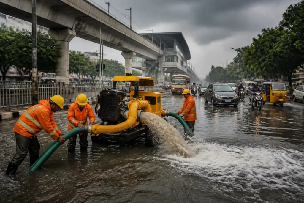 Chennai rain preparedness teams clearing a flooded urban road during heavy monsoon rainfall