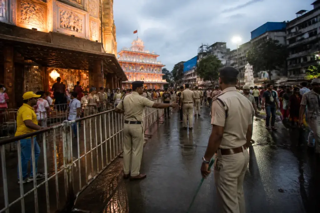 Kolkata Durga Puja crowd management at a busy pandal with police and barricades