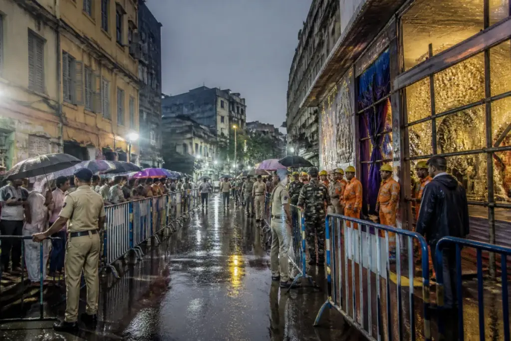Kolkata stampede site near a crowded Durga Puja pandal after heavy rain