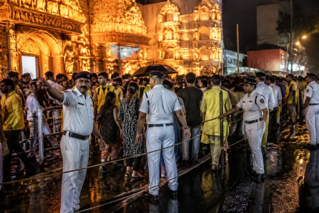Police manage crowds outside a Kolkata Durga Puja pandal after the Kolkata pandal stampede.