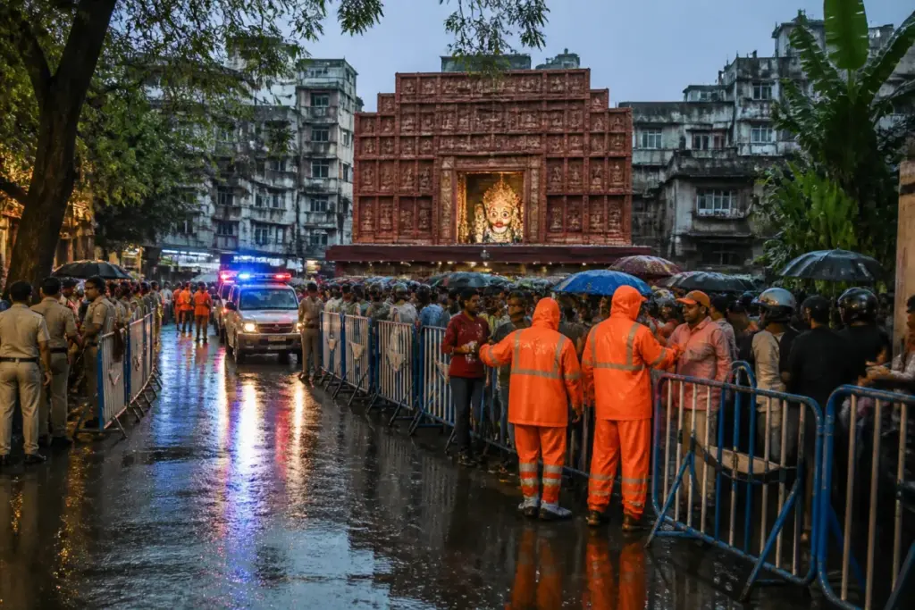 Kolkata stampede site near a crowded Durga Puja pandal after heavy rain