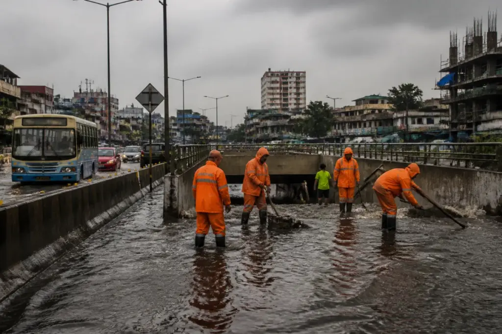 Chennai red alert rainfall flooding a city road with emergency response teams