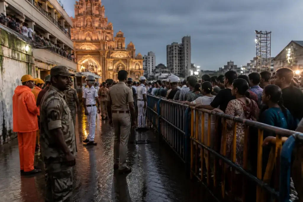 Chorbagan stampede site with a crowded Kolkata puja pandal exit and emergency barriers
