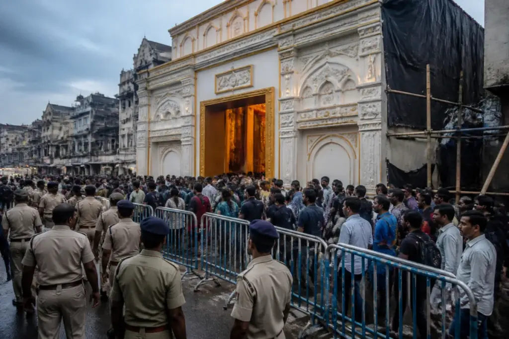 Chorbagan stampede aftermath near a crowded Kolkata puja pandal