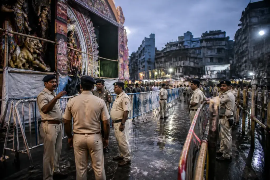 Kolkata puja crowd control near a Durga Puja pandal after a reported stampede