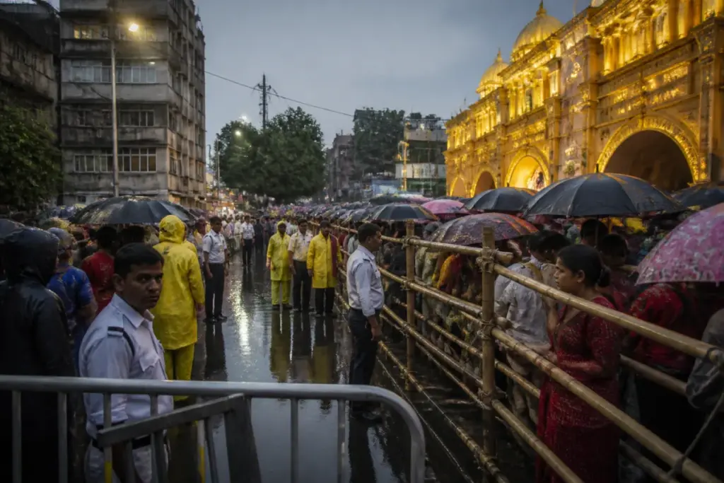 Chorbagan stampede site with rain-soaked crowd-control barriers near a Kolkata puja pandal